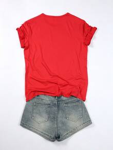 Camiseta de manga corta para mujer con estampado del número 7 de Portugal, nueva colección primavera-verano 2026, top casual versátil con mangas cortas y cuello redondo, - Rojo - Ver 2