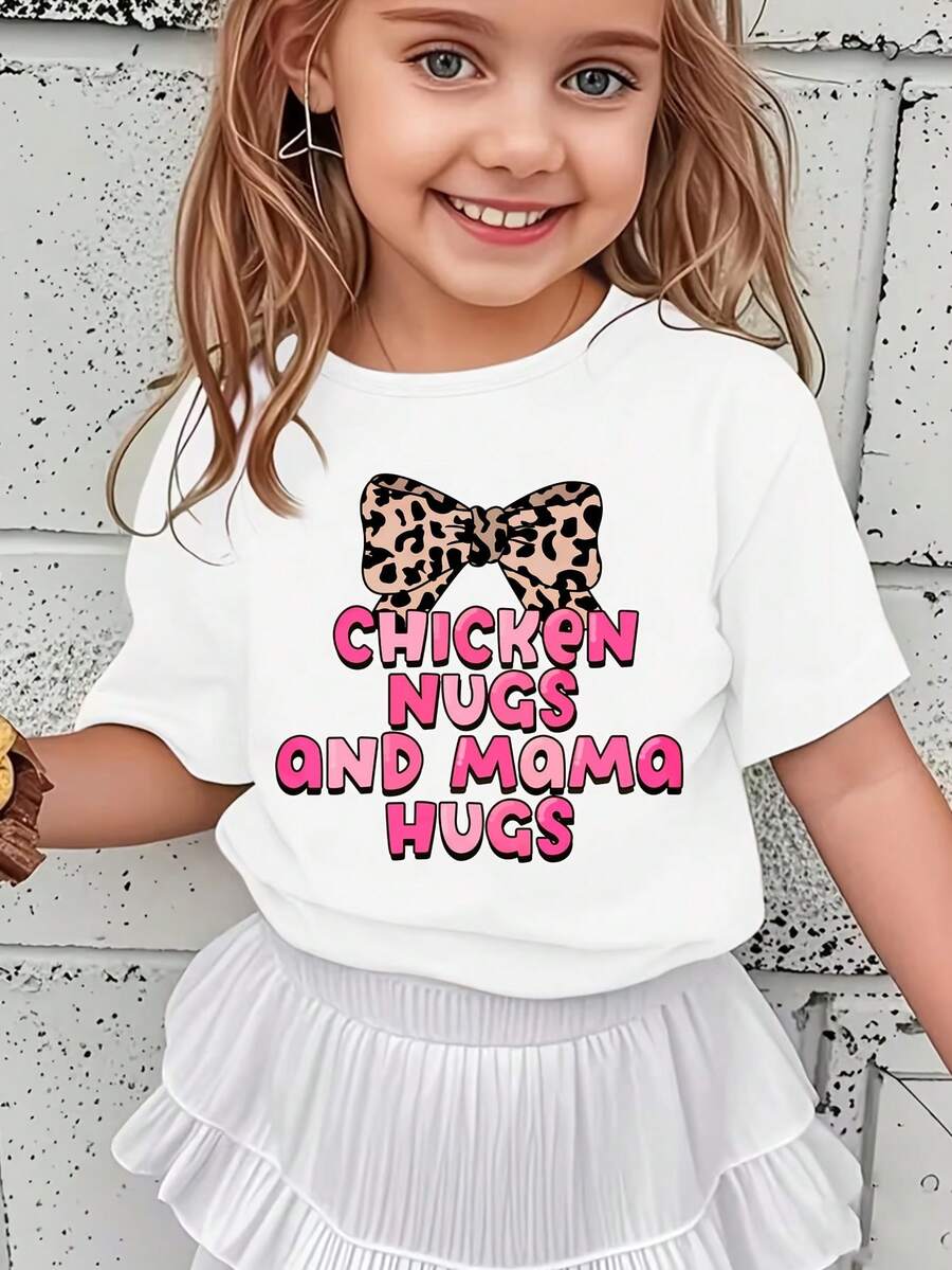 Girl's T-Shirt With The Inscription "Chicken Nugs And Mama Hugs" And A Leopard Print Bow, Modern, Casual And Versatile. - 白色 - 查看 1