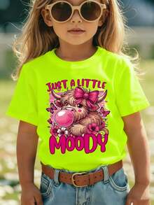 Girls' Short-Sleeved T-Shirt, Summer Style, With "JUST A LITTLE MOODY" Print, Showing A Cartoon Calf Blowing Bubbles With A Bow, Casual And Versatile NY Top - 軍綠色 - 查看 1