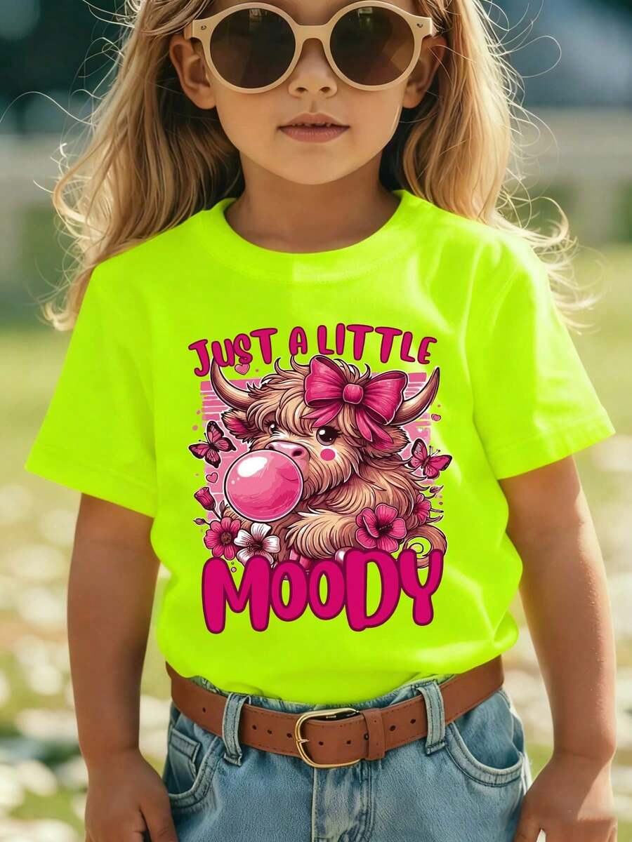 Girls' Short-Sleeved T-Shirt, Summer Style, With "JUST A LITTLE MOODY" Print, Showing A Cartoon Calf Blowing Bubbles With A Bow, Casual And Versatile NY Top - 軍綠色 - 查看 1