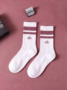 1/3 Pairs White Letter Mid-Calf Socks, Striped Cuff Knit Casual Street Style Mid-Calf Socks, Minimalist Yet Designed Overall Style, Suitable For Daily Commute, Casual Wear, Theme Parties, Holiday Gifts, Home Wear, Relaxed Style - Multicolor - View 3