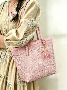 Literarische Tragetasche mit Spitzen-Nischendesign und Schleife, modische und einfache lässige Handtasche, geeignet für Urlaub, Strand, Pendeln, tägliche Kombination, Fotos und Geschenke - Pink - Übersicht 3
