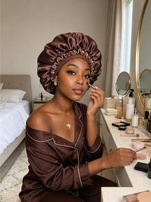 CONFLASS Bohemian Style Ruffle Double Layer Satin Sleep Bonnet, Soft Luxurious Reversible Silk Satin Hair Cap, Elastic Curly Hair Nighttime Hair Protection Cap - Multicolor - View 3