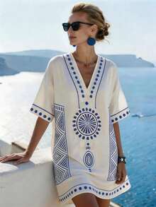 2026 New Summer Women Greek Style Loose Batwing Sleeve Blue & White Vacation Beach Dress Elegant - Blue - View 5