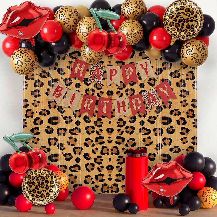 109pcs Leopard Print Party Decorations - Leopard Print Cherry Balloon Arch Set - Black And Red Leopard Print, Cherry Red Lip-Shaped Balloons - Suitable For Bridesmaid Birthday, Birthday Party, Baby Shower And Bachelorette Party - View 1
