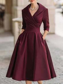 Vestido formal elegante para mujeres europeas y americanas, con cintura entallada, adelgazante y elegante, de manga larga. - Burdeos - Ver 1