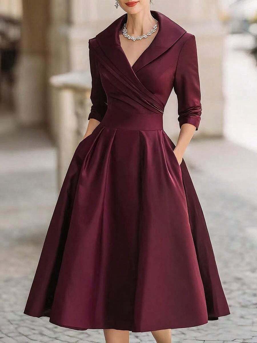 Vestido formal elegante para mujeres europeas y americanas, con cintura entallada, adelgazante y elegante, de manga larga. - Burdeos - Ver 1