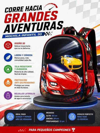 Mochila Escolar Infantil 3D Modelos Carros Búho Y Mariquita Para Kinder Y Primaria Ligera Resistente Impermeable Diseño Ergonómico Con Bolsillos Laterales Espaciosa Y Cómoda