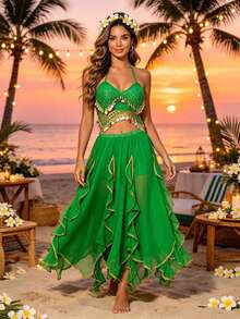 Belly Dance Sequin Coin Mesh Halter Crop Top, Gold Trim Flowy Chiffon Maxi Skirt For Beach Vacation & Stage Performance - Multicolor - View 20