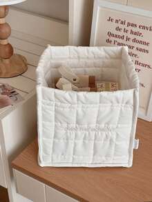 Pure White Quilted Storage Basket With English Slogan Embroidery, Foldable And Non-Collapsible, Multi-Purpose Fabric Desktop Organizer Bin For Living Room, Bedroom, Dorm, Student Essentials, Small Items - White - View 10