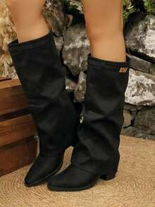 Women's Western Style Buckle Holiday Pointed Toe Tall Boots - Black - View 1
