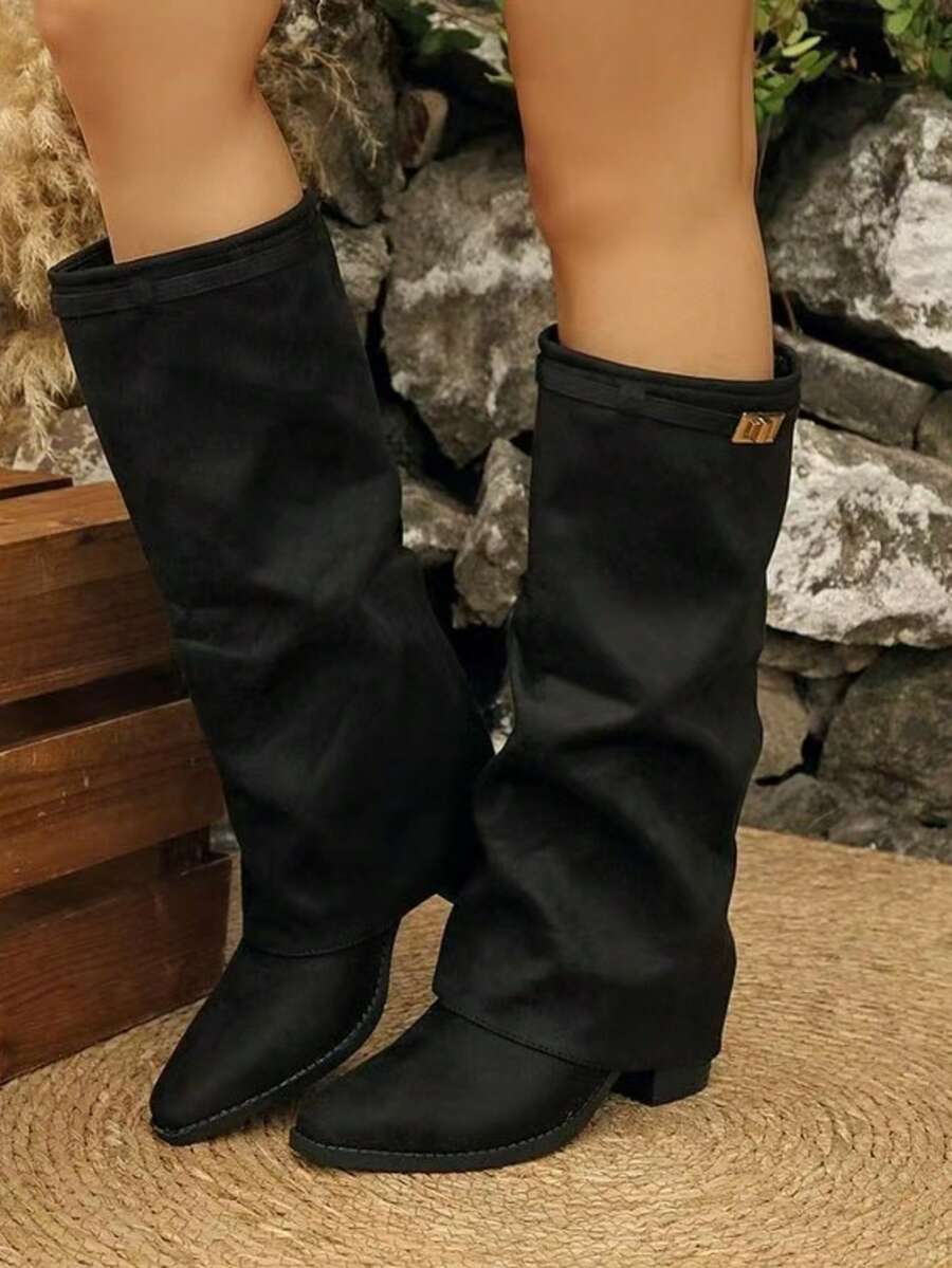 Women's Western Style Buckle Holiday Pointed Toe Tall Boots - Black - View 1