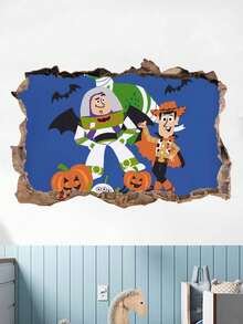Disney Fashion Seasonal Wall Mural Decor "Buzz Lightyear & Woody" Combination, Unique Rough Cracked Wall Visual Effect, Pumpkin Ghost Bat Theme Pattern, Multi-Space Universal Layout Decoration, Suitable For Bedroom Hallway Apartment, Halloween Scene Gift Room Decor Home Decor Halloween Decor - Wall Sticker - K1 - View 3