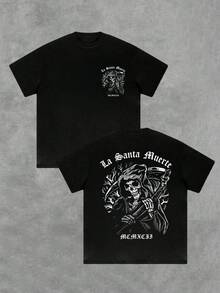 Figura de Santa Muerte con guada?a símbolo de poder y destino MCXCII Camiseta doble cara para hombre casual urbana elegante - Negro - Ver 1