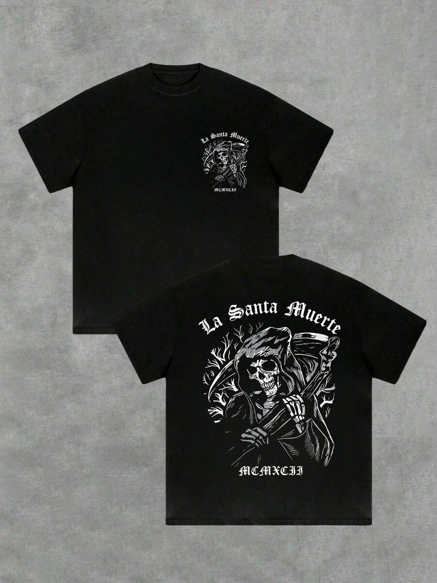 Figura de Santa Muerte con guada?a símbolo de poder y destino MCXCII Camiseta doble cara para hombre casual urbana elegante - Negro - Ver 1