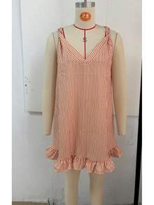 Nuevo minivestido lencero de verano a rayas, con cuello en V, sin mangas y volantes – Estilo vacacional - Naranja - Ver 6