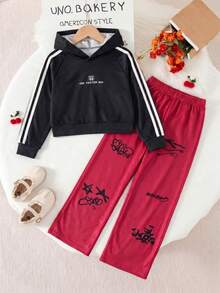 2pcs/Set Setelan Gaya Jalanan Amerika untuk Anak Perempuan, Hoodie Musim Semi/Musim Gugur & Celana Panjang Lebar Motif Grafiti - MultiWarna - View 2