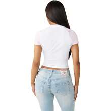 True Religion Women's Raglan Baby Tee – Slim Fit Stretch Cotton Crewneck, Contrast Sleeves, Horseshoe Graphic T-Shirt Variant 3 - White/Baby Pink - View 7