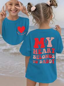 Camiseta de manga corta para el Día del Padre 'Summer Fashion Girls' con estampado de corazón y la frase 'DADDY'S LITTLE LOVE MY HEART BELONGS TO DADDY' y otros patrones de dibujos animados - Burdeos - Ver 9