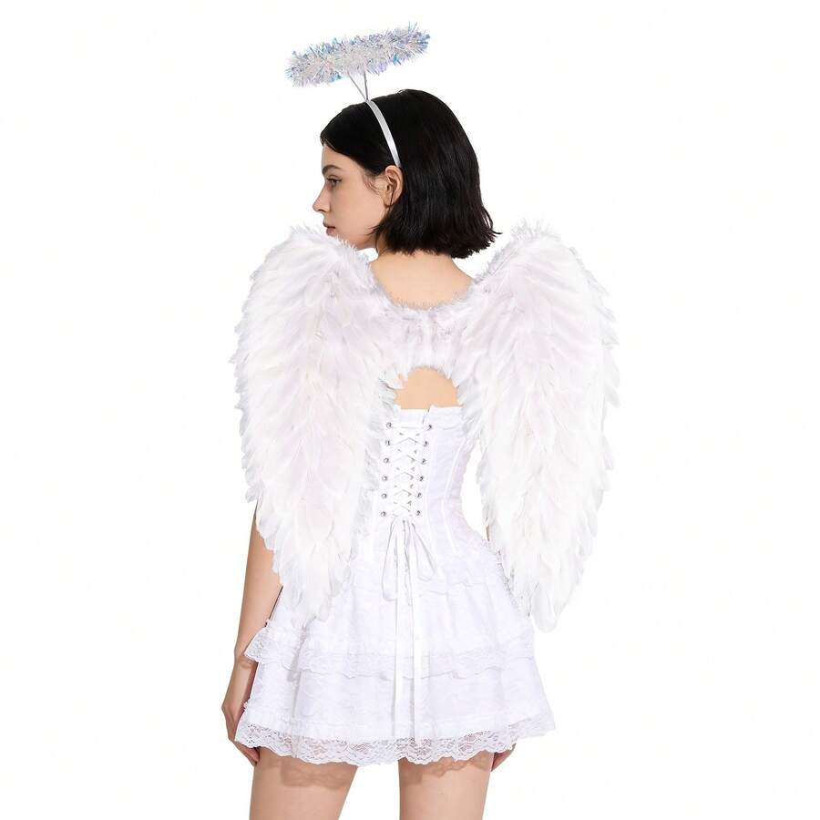 Set de 2 piezas de diadema de ángel y alas de ángel, alas de plumas, adecuado para fotomatón, centro de atención de la fiesta y creación de ambiente - Multicolor - Ver 1