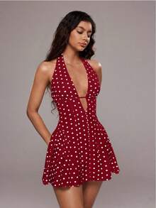 Women's Short Dress With Deep V-Neck And Open Back, Polka Dot Print, Vacation Style, For Summer - 紅色 - 查看 5