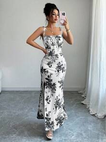 Women's Floral Mermaid Maxi Dress With Thin Straps And Bow, Square Neck, Ruched, Bodycon, For Wedding Guests, Beach Vacations And Date Nights. - 灰色 - 查看 5