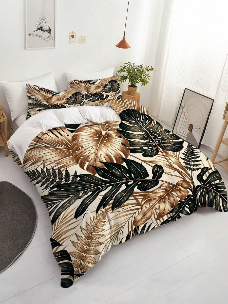 3pcs Black Gold Tropical Palm Leaf Pattern Duvet Cover Set (1*Duvet Cover + 2*Pillowcase, Without Core), Modern Minimalist Aesthetic, Luxury Vintage Monstera Fern Jungle Botanical Bedding Sleek Contemporary Bedding, Room Decor For Bedroom, Apartment - Multicolor - View 1