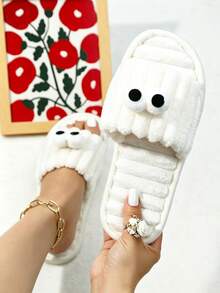 Funny Big Eye Fluffy Slippers, Kawaii Plush Open Toe Slides, Cozy White Indoor Shoes For Women - White - View 3