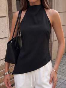Elegant Fashion Crew Neck Mushroom Button Hollow Out Asymmetric Hem Women Tank Top, Spring/Summer New Casual Black - Black - View 1