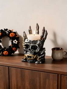 1pc Gothic Skeleton Candle Holder, Bone Hand Flame Illusion, Chain And Horn Details, Spooky Home Decor, Halloween Party Tabletop Centerpiece, Punk Rock Style Ornament - A - View 9