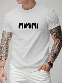 Camiseta de manga corta para hombre, estilo casual deportivo, con un diseño creativo de estampado repetido MiMiMi, elástica y cómoda, adecuada para deportes, viajes y uso casual diario. - Blanco - Ver 1