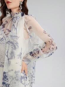 Rich Radi Q's Women's Semi-Sheer Printed High Neck Tie Blouse, Elegant And Fashionable, Suitable For Spring And Summer Wear - White - View 8