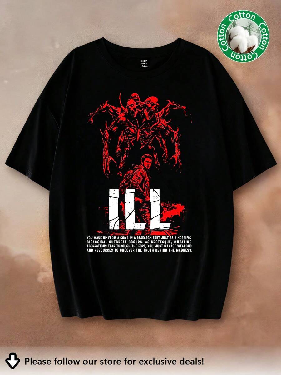 Nueva Llegada 2026 ILL Juego de Supervivencia de Terror, Gira , Camiseta Unisex de Algodón Oversize con Gráficos de Criatura Mutante Roja, Estilo Urbano Oscuro y Aterrador, Casual de - Negro - Ver 1