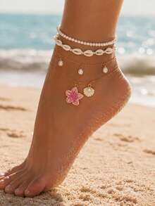 4pcs/Set White Pearl Tassel Starfish Pendant Anklet, Gold Multi-Layer Design, Women's Foot Jewelry, Suitable For Daily Wear And Vacation. - Multicolor - View 1
