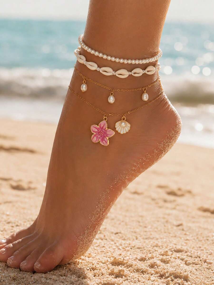 4pcs/Set White Pearl Tassel Starfish Pendant Anklet, Gold Multi-Layer Design, Women's Foot Jewelry, Suitable For Daily Wear And Vacation. - Multicolor - View 1