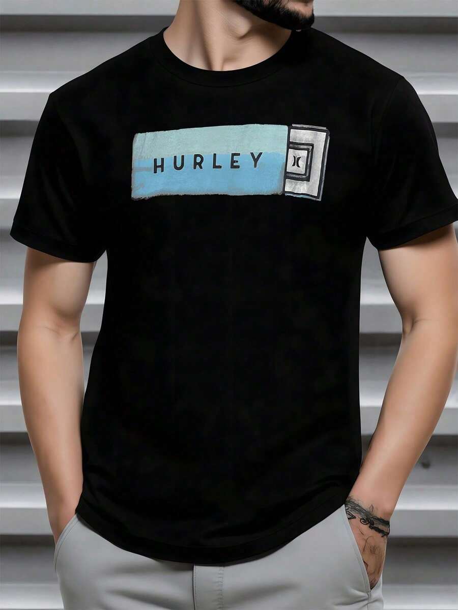 Horizontal Stripes In Sky Blue And Gray Tones With Text Evoking Freedom, Youthful Energy, And A Passion For Modern Urban Life. Men's T-Shirt, 220g Cotton, Comfortable - 黑色 - 查看 1