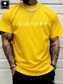 Men's Fashionable Short Sleeve T-Shirt PAYEAH Men's Letter Print T-Shirt, Crew Neck, Short Sleeve, Summer T-Shirts, 100% Comfortable Cotton - 黃色 - 查看 1