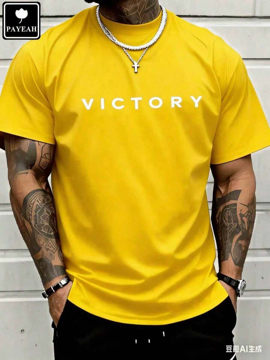Men's Fashionable Short Sleeve T-Shirt PAYEAH Men's Letter Print T-Shirt, Crew Neck, Short Sleeve, Summer T-Shirts, 100% Comfortable Cotton - 黃色 - 查看 1