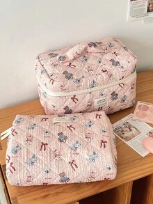 3件組大中小號大容量分層收納袋，可愛卡通輕量不增加行李重量，泡泡絎縫菱格紋加厚軟墊親膚防水布料，便攜式化妝收納包 - 彩色 - 查看 8