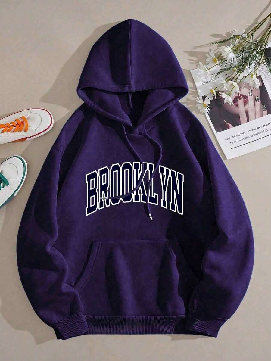 MURAMASA Men's Letter Print Drawstring Hoodie With Kangaroo Pocket - 紫色 - 查看 1