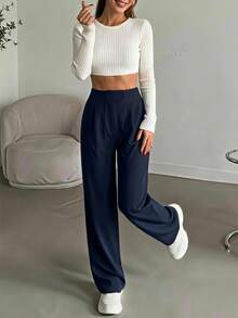 High Waist Wide Leg Palazzo Pants - Navy Blue - View 4