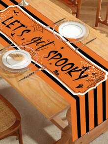 1/100pcs 35*180cm Halloween Orange & Black Theme Table Runner, Cute Spider Ghost Cat Bat Theme Tablecloth Halloween Desktop Decoration, Halloween Theme Party, Kitchen And Home Decor, Indoor And Outdoor Use, Holiday Table Decoration, Halloween Party Supplies. - Multicolor - View 4