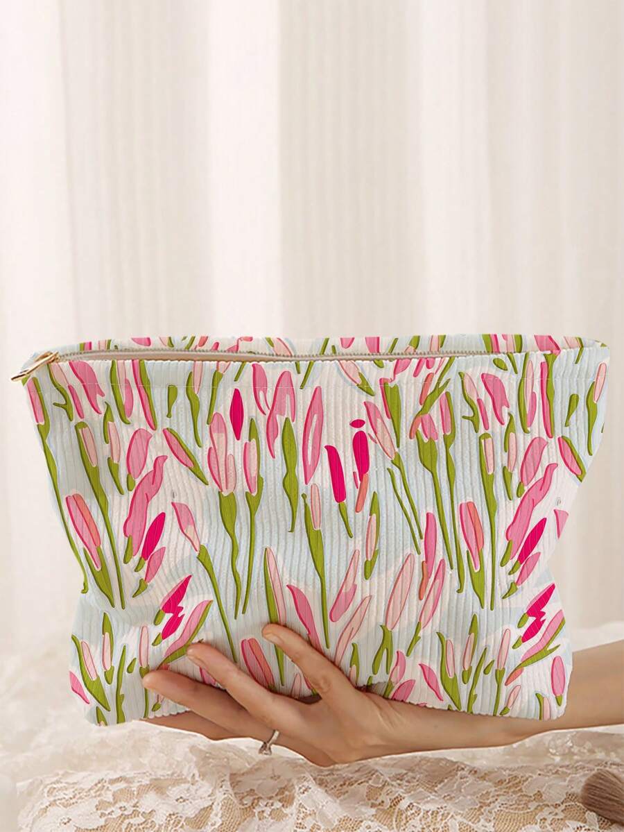 1pc Portable Cosmetic Storage Bag With Floral Pattern Double-Sided Print Travel Zipper Makeup Bag Multi-Functional Toiletries Organizer - Multicolor - View 1