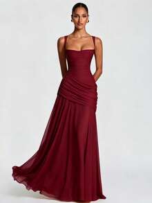Elegant Women's Casual Party Dresses, Solid Color Strapless Sleeveless Fitted Waist Full Skirt European American Style Prom Dress - 酒紅色 - 查看 6
