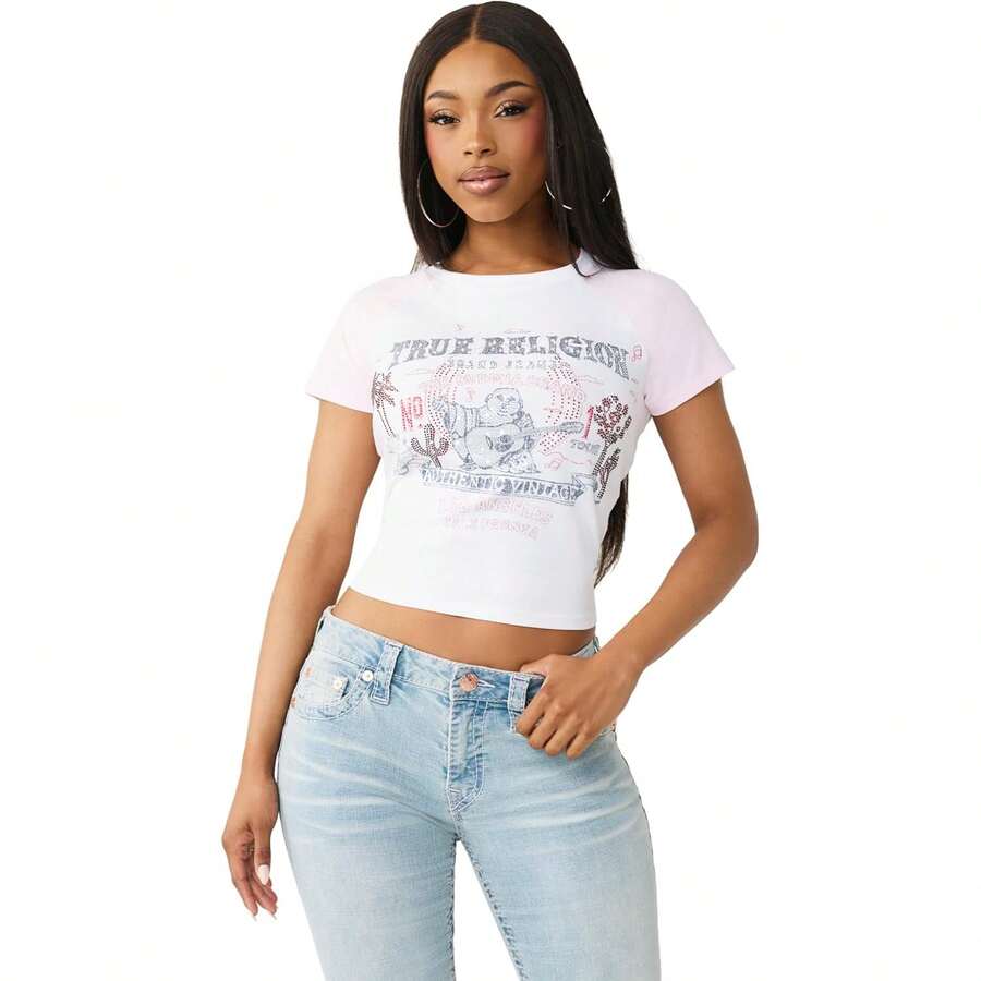True Religion Women's Raglan Baby Tee – Slim Fit Stretch Cotton Crewneck, Contrast Sleeves, Horseshoe Graphic T-Shirt Variant 3 - White/Baby Pink - View 1