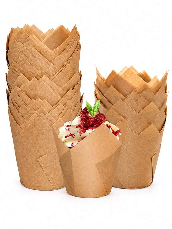 100 Stücke braune Kraftpapier Tulpenförmige Cupcake-Förmchen, Premium Muffin-Förmchen zum Backen, ölresistentes Cupcake-Verpackungspapier, Papier-Backförmchen, Muffin-Förmchen, Dessert-Förmchen, geeignet für Geburtstagsfeiern, Hochzeits-Desserttische, Backausstellungen, Hausbacken und rustikale Partyartikel