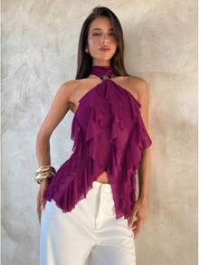 Women's Purple Chiffon Halter Top, With Metal Clasp And Multiple Ruffles, Sheer Backless Blouse For Parties And Date Nights - 深洋紅色 - 查看 4