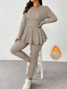 Women's Plus Size Elegant Minimalist Solid Color Round Neck Long Sleeve Top + Tapered Leg Pants 2-Piece Set, Solid Color Ruffle Ribbed Split Hem Loungewear For Home And Daily Wear, Autumn Winter Indoor Outfit - Khaki - View 2