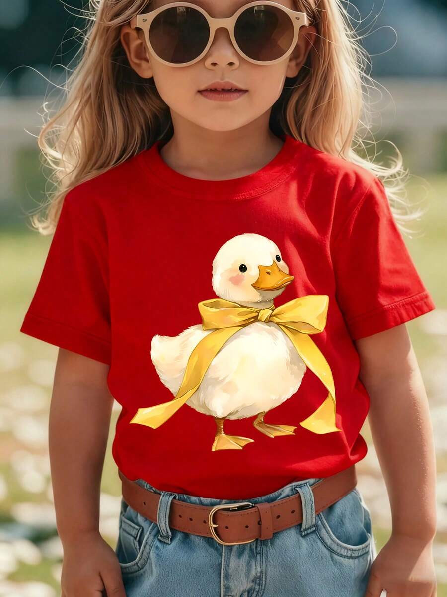 Girls' Short-Sleeved T-Shirt, Summer Style, With "Duckling With Bow" Cartoon Print, Versatile Casual Top NY-DX9851 - Red - View 1