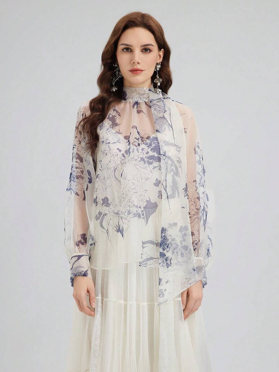Rich Radi Q's Women's Semi-Sheer Printed High Neck Tie Blouse, Elegant And Fashionable, Suitable For Spring And Summer Wear - White - View 1
